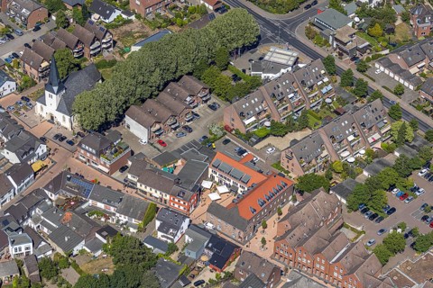 Aerial view, village Neukirchen, protestant village church, town library, Neukirchen-Vluyn, Lower