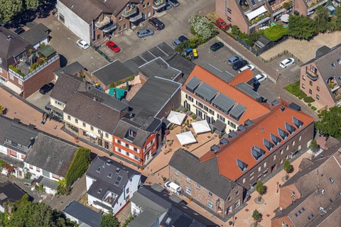 Aerial view, village Neukirchen, public library, Neukirchen-Vluyn, Lower Rhine, North