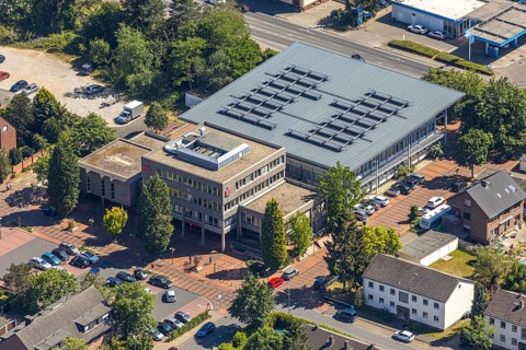 Aerial view, Stadtsparkasse Neukirchen-Vluyn, Poststrasse, Neukirchen-Vluyn, Lower Rhine, North