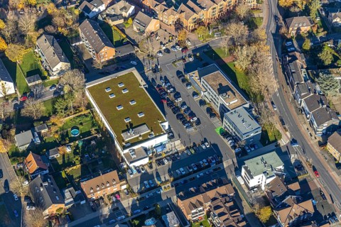 Aerial view, Edeka supermarket, Mozartstraße, Alte Rathausstraße, Andreas-Bräm-Haus, Neukirchener