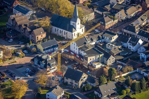 Aerial view, evang. village church, construction site Hochstraße, Neukirchen, Neukirchen-Vluyn,
