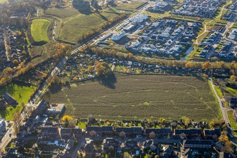 Aerial view, Neukircher Feld, field green area, opposite police station, Niederrheinallee,