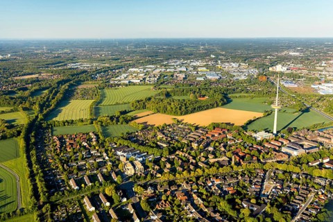 Aerial photograph, telecommunications tower Münster, residential area Am Lohausbach, Mühlhäuser