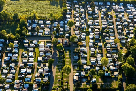 Aerial view, campsite Münster, Laerer Werseufer, Münster, Münsterland, North Rhine-Westphalia,