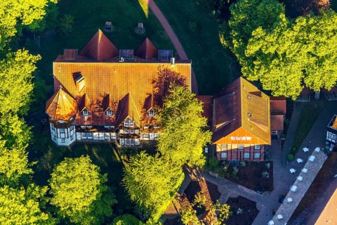 Aerial view, Romantik Hotel Hof zur Lime tree, Handorfer Werseufer, Münster, Münsterland, North