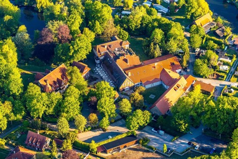 Aerial view, Romantik Hotel Hof zur Lime tree, Handorfer Werseufer, Münster, Münsterland, North