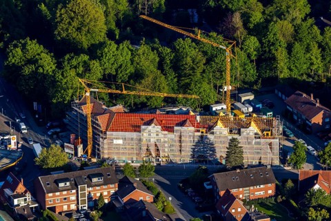Aerial view, construction site new building Dorbaumstraße, Wersehofgelände, Münster, Münsterland,