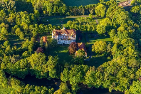 Aerial view, Kamillusweg residential estate, river Werse, former monastery and religious college