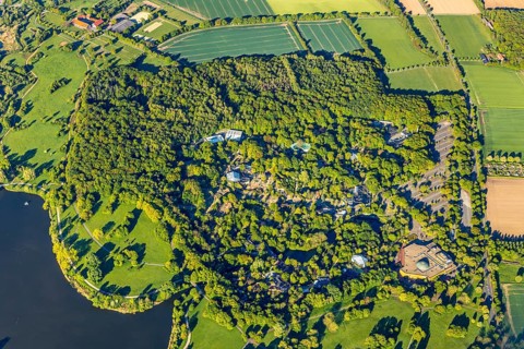 Aerial view, Allwetterzoo Münster, LWL-Museum für Naturkunde mit Planetarium, Aasee, Münster,