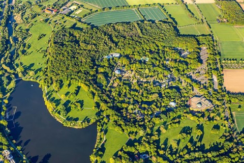 Aerial view, Allwetterzoo Münster, LWL-Museum für Naturkunde mit Planetarium, Aasee, Münster,