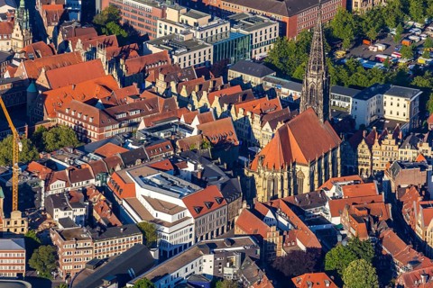 Aerial view, old town, Prinzipalmarkt, catholic St. Lamberti church, Münster, Münsterland, North