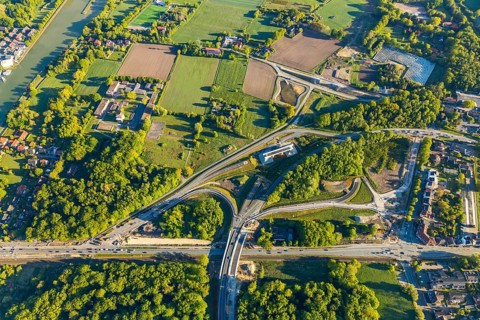 Aerial photo, new bridge construction, expansion of federal road B51, new construction of federal