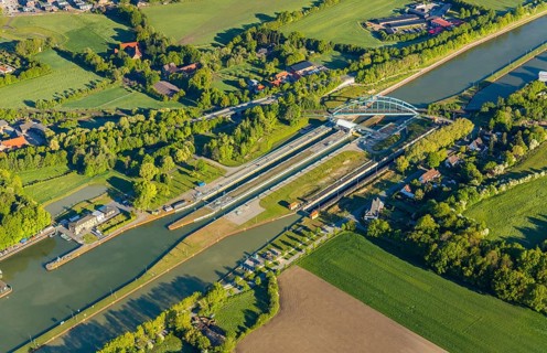 Aerial view, Münster lock, Dortmund-Ems Canal, Münster, Münsterland, North Rhine-Westphalia,