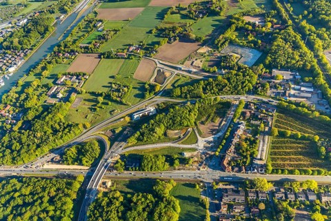 Aerial photo, new bridge construction, expansion of federal road B51, new construction of federal