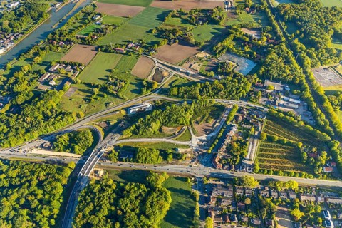 Aerial photo, new bridge construction, expansion of federal road B51, new construction of federal