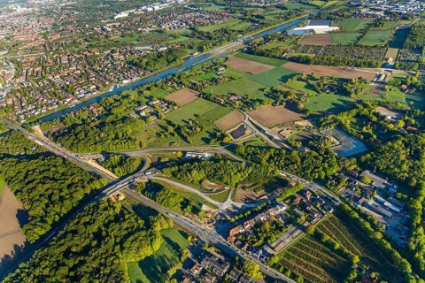 Aerial photo, new bridge construction, expansion of federal road B51, new construction of federal