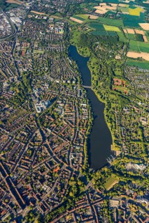 Aerial view, Aasee, Allwetterzoo, river Münstersche Aa, Münster, Münsterland, North
