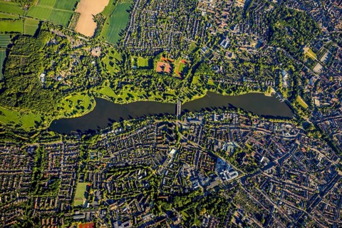 Aerial view, Aasee, Allwetterzoo, river Münstersche Aa, Münster, Münsterland, North