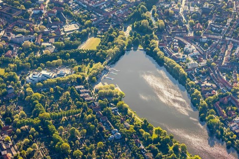 Aerial photo, Aasee, Allwetterzoo, river Münstersche Aa, LBS Westdeutsche Landesbausparkasse,
