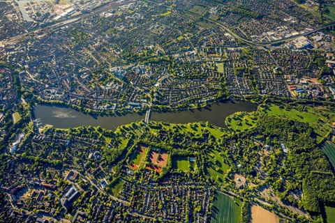 Aerial view, Aasee, Allwetterzoo, river Münstersche Aa, Münster, Münsterland, North