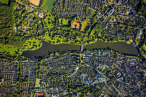 Aerial view, Aasee, Allwetterzoo, river Münstersche Aa, Münster, Münsterland, North