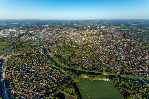Aerial view, Dortmund-Ems canal, city harbour, view of St. Mauritz, Münster, Münsterland, North