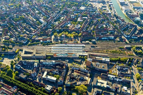 Aerial view, Münster main station, construction site residential and hotel complex, Münster,