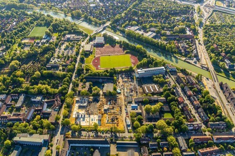 Aerial view, construction site, new Mathilde-Anneke comprehensive school, sports field, sports club