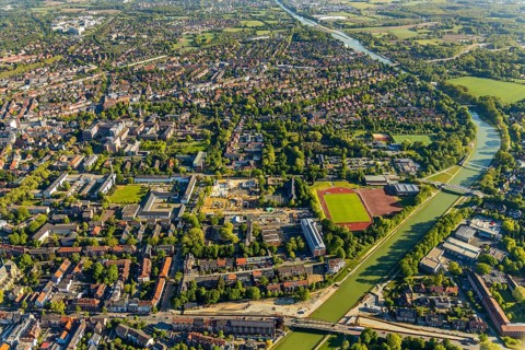 Aerial view, view of St. Mauritz, construction site of new Mathilde-Anneke comprehensive school,