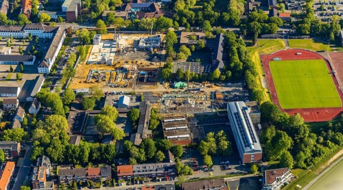 Aerial photo, construction site, new Mathilde-Anneke comprehensive school, sports field, sports