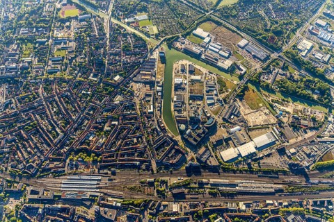 Aerial view, city harbour, Stadtwerke Münster, Münster, Münsterland, North Rhine-Westphalia,