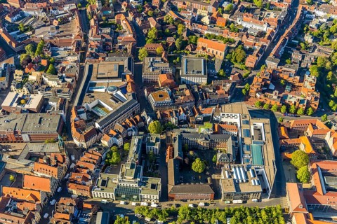 Aerial view, Old Town, Münster-arcades, art museum Pablo Picasso Münster, Oberverwaltungsgericht