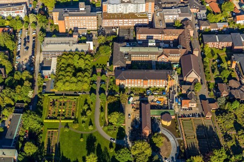 Aerial view, Motherhouse Garden, St. Franziskus-Hospital, Franciscan Sisters Münster St. Mauritz,