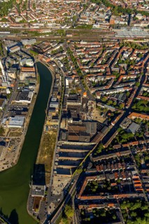 Aerial view, city harbour, construction site new office building LVM building complex, former Osmo