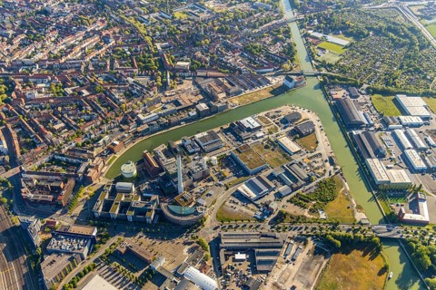 Aerial view, city harbour, Stadtwerke Münster, Münster, Münsterland, North Rhine-Westphalia,