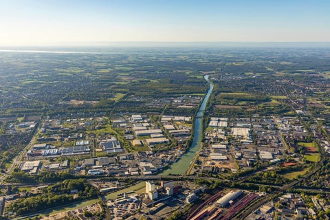 Aerial view, industrial area Loddenheide, Dortmund-Ems-Canal, euro-Express Sonderzüege GmbH,