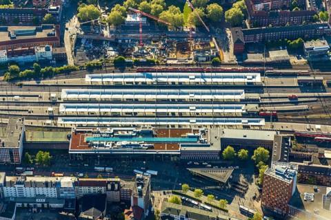 Aerial view, Münster main station, construction site residential and hotel complex, Münster,