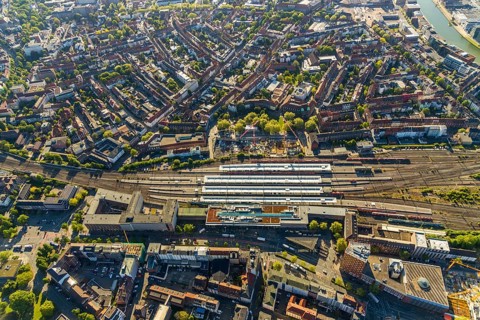 Aerial view, Münster main station, construction site residential and hotel complex, Münster,
