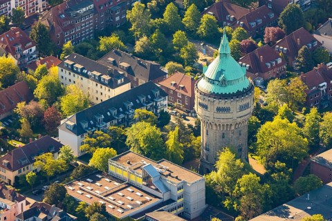 Aerial view, water tower Münster-Geistviertel, Münster, Münsterland, North Rhine-Westphalia,