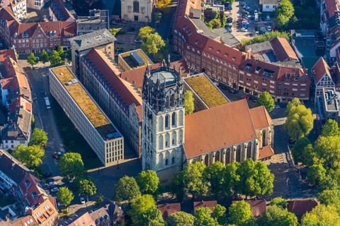 Aerial view, catholic Liebfrauen-Überwasserkirche, diocesan library Münster, Überwasserkirchplatz,
