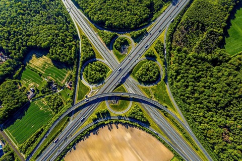 Aerial view, motorway junction Münster-Süd, motorway A1, motorway A43, Münster, Münsterland, North