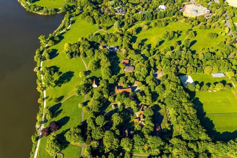 Aerial photograph, Mühlenhof open-air museum Münster, concrete rings artwork, Münster, Münsterland,