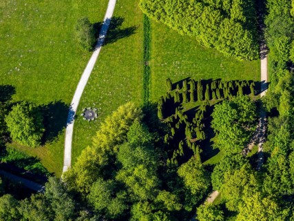 Aerial view, Wienburgpark, Münster, stone circle artwork, Münsterland, North Rhine-Westphalia,