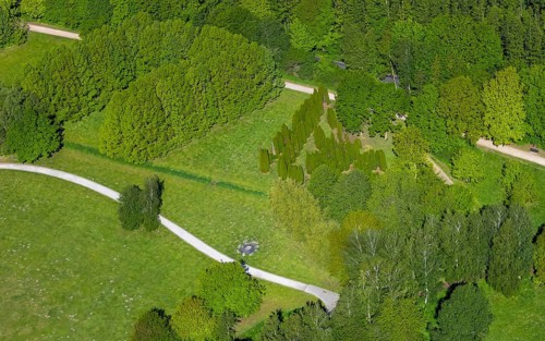 Aerial view, Wienburgpark, Münster, stone circle artwork, Münsterland, North Rhine-Westphalia,