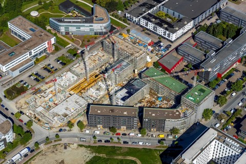 Aerial view, city centre district Zentrum-Nord, construction site residential quarters