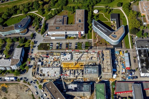 Aerial view, city centre district Zentrum-Nord, construction site residential quarters
