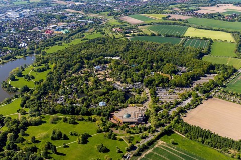 Aerial view, Allwetterzoo Münster, LWL-Museum für Naturkunde mit Planetarium, Münster, Münsterland,