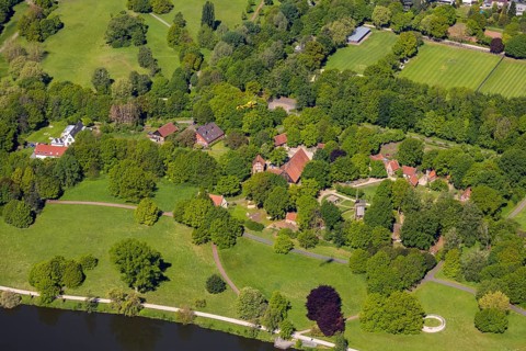 Aerial photograph, Mühlenhof open-air museum Münster, concrete rings artwork, Münster, Münsterland,