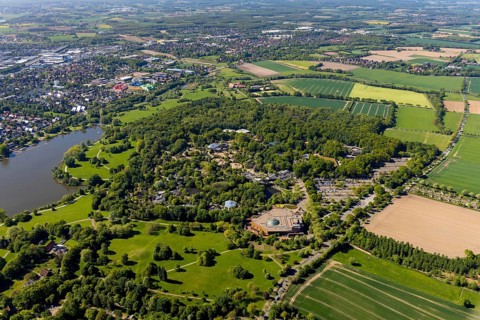 Aerial view, Allwetterzoo Münster, LWL-Museum für Naturkunde mit Planetarium, Aasee, Münster,