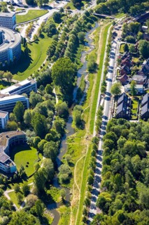 Aerial view, river Münstersche Aa, Kanalstraße, Am Wienburgpark, row of trees, Münster,